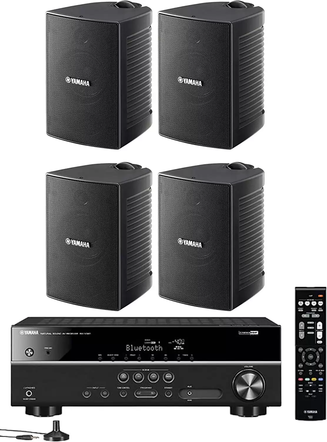 Yamaha 5.1-Channel Wireless Bluetooth 4K A/V Home Theater Receiver + Yamaha Natural Sound High Performance 2-Way Indoor/Outdoor Weatherproof Speakers