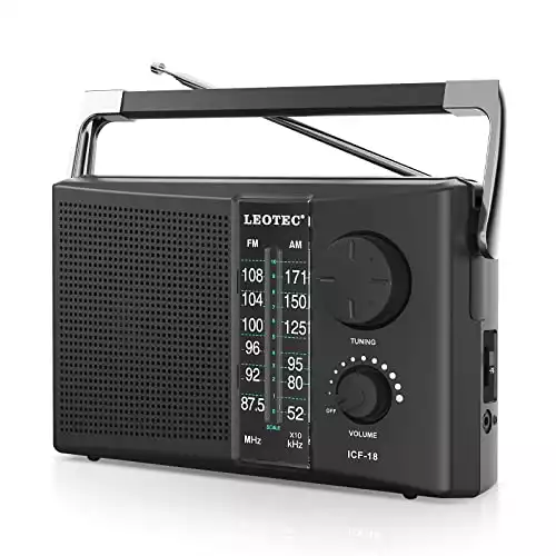 LEOTEC Portable AM FM Radio with Best Reception,Battery Operated or AC Power,Big Speaker,Large Tuning Knob,Clear Dial,Earphone Jack for Gift,Elder,Home