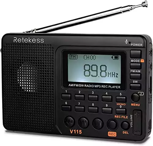 Retekess V115 Digital Radio AM FM, Portable Shortwave Radios, Rechargeable Radio Digital Tuner and Presets, Support Micro SD and AUX Record, Bass Speaker