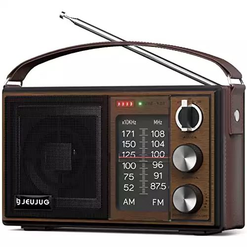 JEUJUG Radio Portable AM FM Radio Vintage/Retro, Bluetooth5.1 Speaker Built-in Rechargeable Battery, Plug in Wall Or D Battery Operated Radio PU Leather Handle with Aux in/Headphone Jack