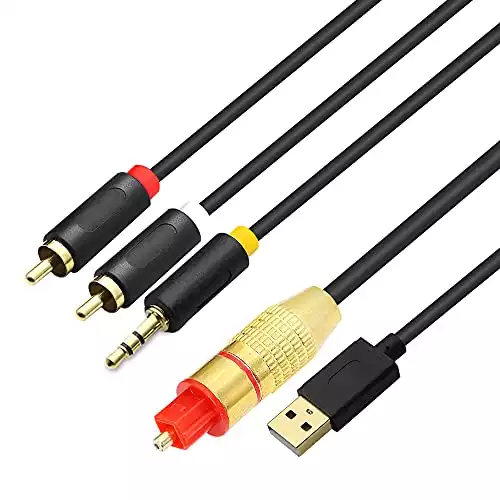 GINTOOYUN USB Fiber Optic Digital Analog Audio Cable, AUX SPDIF Digital Fiber Optic to 3.5mm + 2 RCA Jack Converter Audio Cable