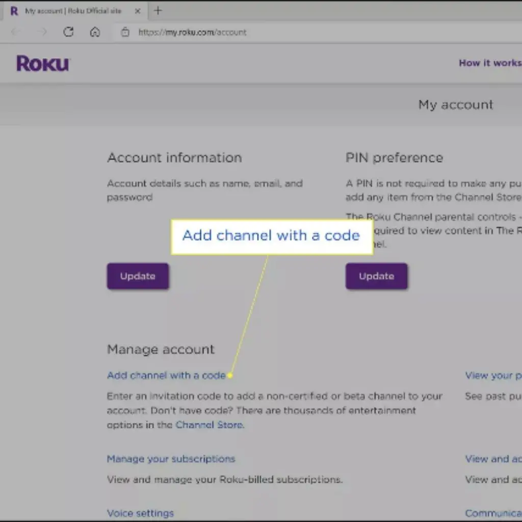 Picture showing Roku site with a text box "Add channel with a code"